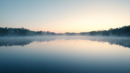 Fototapeta premium Tranquil lake at dawn with lifting fog symbolizing peace
