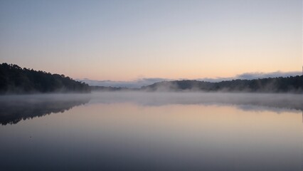 Fototapeta premium Tranquil lake at dawn with lifting fog symbolizing peace