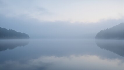 Fototapeta premium Tranquil lake at dawn with lifting fog symbolizing peace