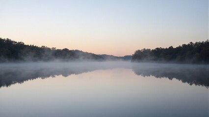 Fototapeta premium Tranquil lake at dawn with lifting fog symbolizing peace