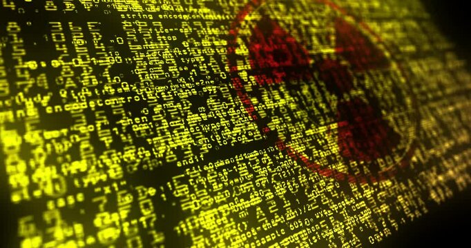 Nuclear radiation symbol USA flag waving secure code. Radioactive atomic danger symbol blowing banner cyber security attack and hack concept animation.