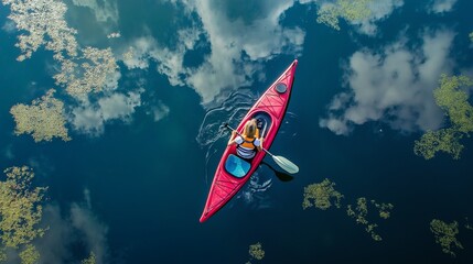 Beautiful amazing nature landscape. Kayak trip. Woman floating on a kayak