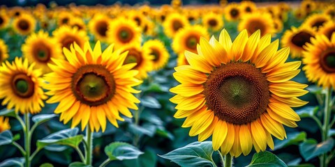 Obraz premium Close-up of a Vibrant Sunflower in a Field of Yellow, Sunflower Field, Summer, Sunflower Blossom, Bright Yellow Sunflower, Sunflower Petals, Sunflower Seeds