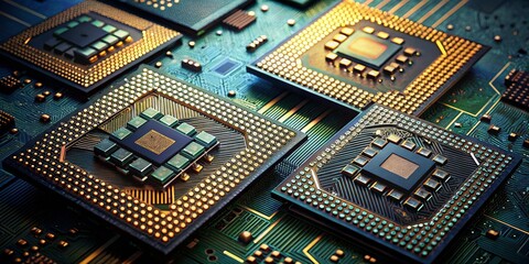 Closeup of Computer Chips on Circuit Board, Technology, Electronics, Circuitry