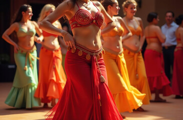A performer in a red belly dance outfit leads a lively group in colorful costumes at a cultural celebration