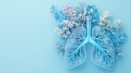 Human lungs surrounded by blue flowers on a blue background.