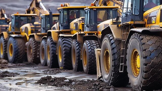 The roar of engines fills the air as a row of loaders stand ready to tackle any job.