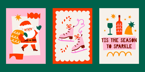 Cute cutout style Christmas cards vector templates. Hand drawn simple retro holidays illustration prints set with Santa Claus, ice skate, drinks, stars