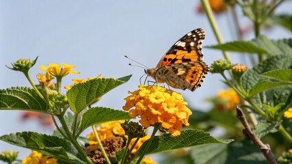 Obraz premium A delicate butterfly perched on a bright yellow flower with orange stripes, surrounded by lush green leaves and vibrant petals, wildlife, pollination, butterflies