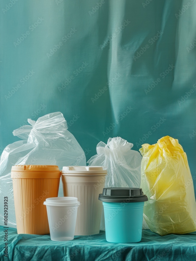 Poster this image illustrates a variety of reusable containers positioned against a backdrop of discarded s
