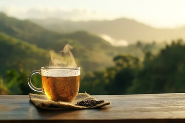 cup of steaming hot tea on wooden table on tea plantation in mountains blurred landscape background, antioxidant drink wallpaper, freshness of morning in nature banner, international world tea day