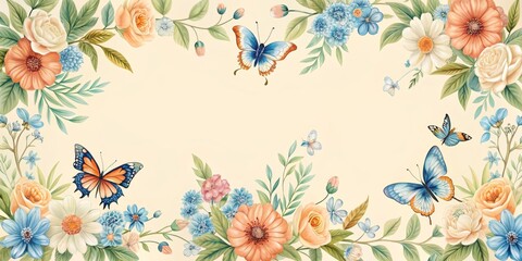 Floral and Butterfly Frame with Beige Background, Watercolor Illustration, Spring, Nature ,spring, nature