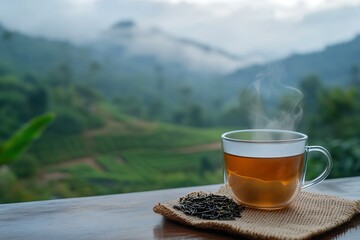 cup of steaming hot tea on wooden table on tea plantation in mountains blurred landscape background, antioxidant drink wallpaper, freshness of morning in nature banner, international world tea day