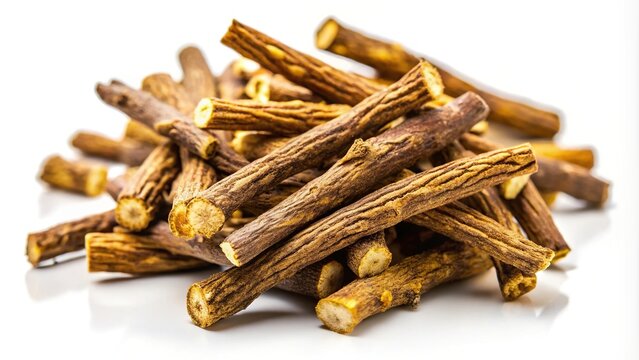 Ayurvedic herb liquorice root on white background