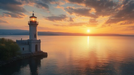 Fototapeta premium Lighthouse at Lake, Lake at sunrise