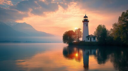 Fototapeta premium Lighthouse at Lake, Lake at sunrise