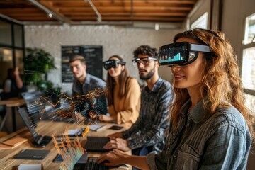 Obraz premium A diverse group of professionals in a modern office using augmented reality glasses for virtual meetings, with digital charts and analytics projected in front of them