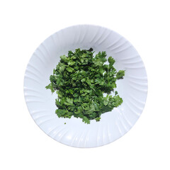 Coriander is placed on a plate