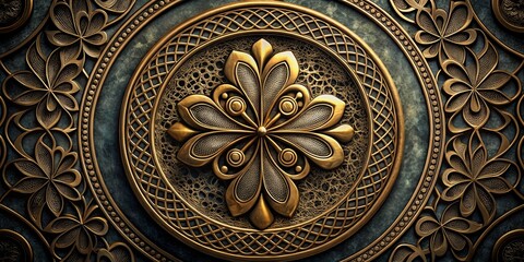 Obraz premium Intricate Gold Floral Pattern with Circular Design, 3D Rendering, Luxury, Ornate, Decorative, Ornament, Pattern