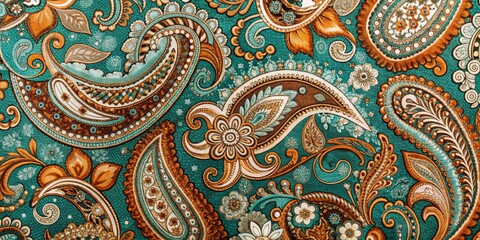 Intricate Paisley Design in Teal, Orange, and Gold, Fabric, Pattern , paisley