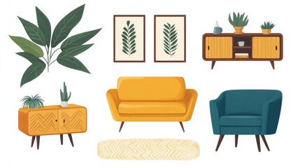 Fototapeta premium Mid-century modern furniture set. Interior design