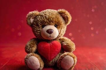 Cute brown teddy bear holding red heart against vibrant red background, Adorable plush toy, love and affection, Valentine's Day present