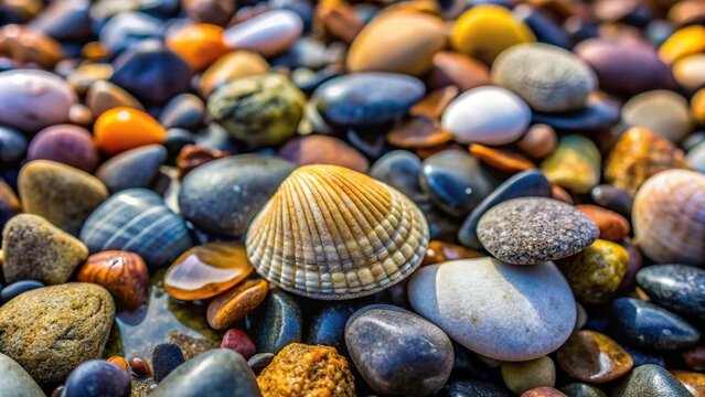 Close-up of pebble rock and shell on the Oregon coast macro