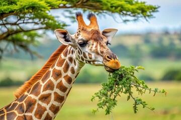Obraz premium Close-up of a giraffe eating leaves from an acacia tree on a savanna, greenery, giraffes, wildlife