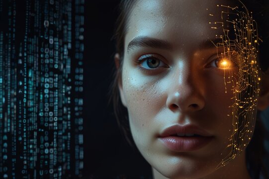 woman face merging with digital code, futuristic concept of artificial intelligence or virtual reality, dark background with glowing data