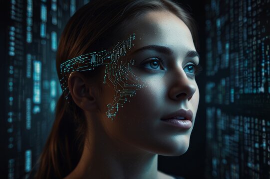 woman face merging with digital code, futuristic concept of artificial intelligence or virtual reality, dark background with glowing data