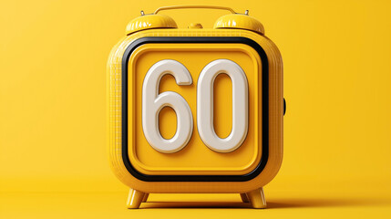 Retro style yellow alarm clock displaying the number 60 against a yellow background with a vintage design.