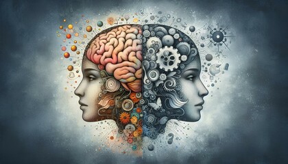 Obraz premium Left and right human brain concept, textured illustration.