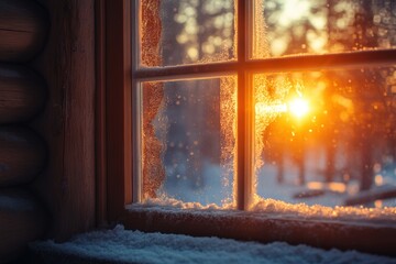 winter cabin aesthetic, sunlight filtering through frosty pattern on a cabin window adds cozy charm
