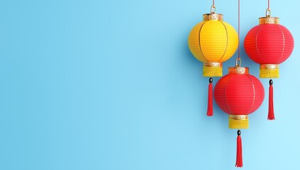 Fototapeta premium Large red lantern with golden tassels against a clear sky, a symbol of prosperity and celebration