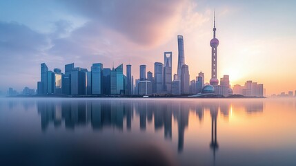 Obraz premium Shanghai skyline reflecting on the water at sunrise