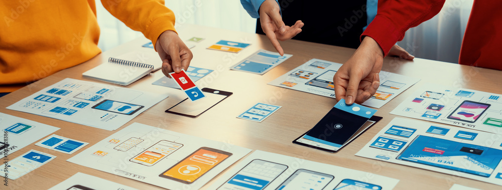 Poster panorama banner of startup company employee planning on user interface prototype for mobile applicat