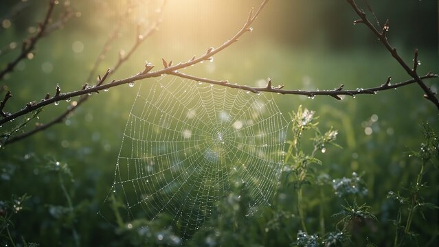 Resilient spider web adorned with morning dew