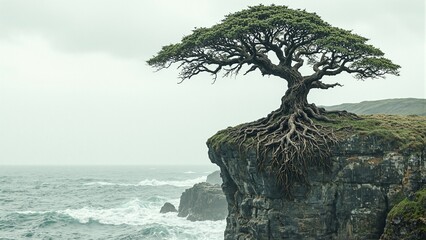 Majestic ancient tree on cliff edge symbolizing resilience