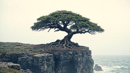 Majestic ancient tree on cliff edge symbolizing resilience