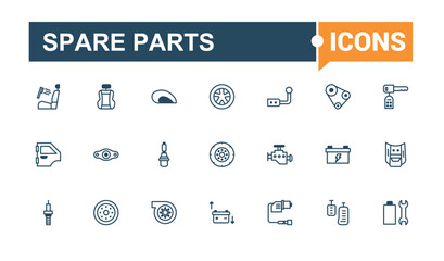 Set of Spare Parts line icons. Contains related to auto, service, thin, engine, repair, equipment, wheel and more. Outline icons pack. Vector line and solid icons.