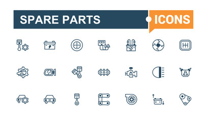 Set of Spare Parts line icons. Contains related to auto, service, thin, engine, repair, equipment, wheel and more. Outline icons pack. Vector line and solid icons.