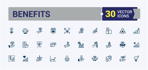 Benefits line icons set. Contains such icons as wellness, mobility, company, win, bonus, skill, pay, incentive. Simple icon designs. Vector outline and solid icons collection.