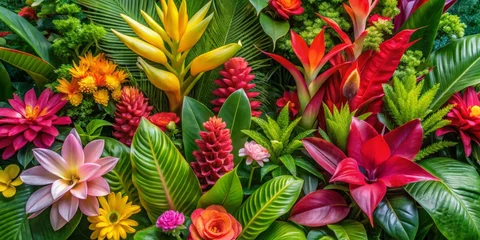 Fotobehang Vibrant Tropical Floral Arrangement with Lush Green Foliage, Floral Design, Tropical Plants © PhotoParadise