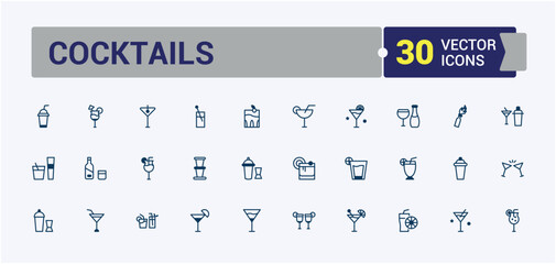 Cocktails icons. Containing alcohol, liquor, ice, bar, beverage and more. Minimal linear icons. Solid line editable stroke.