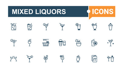 Mixed Liquors icons in linear style. Contains related to lemon, fresh, tequila, cosmopolitan, cocktail, wine, whiskey, beer. Modern thin icons. Outline and solid pictogram.
