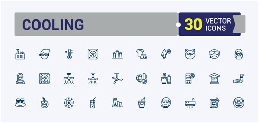 Cooling vector line icon set. Includes thin line house, cold, climate, dry, condition and more. Simple icon designs. Vector outline and solid icons collection.