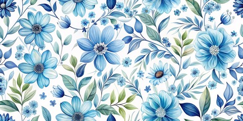 Fototapeta premium Watercolor Blue Floral Seamless Pattern, White Background, Botanical Illustration, Flower Arrangement, Floral Design, Blue Flowers, Seamless Pattern