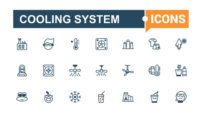 Cooling System line web icon set. Featuring condition, snow, ice, purify, fan, conditioner, snowflake. Simple line and solid vector. Vector illustration in modern line style.
