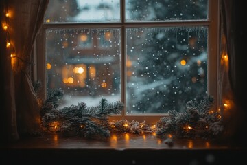 winter wonderland, a peaceful scene snowflakes softly falling outside a window, surrounded by twinkling lights and pine branches on the sill