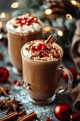 Two mugs filled with a rich, creamy drink topped with whipped cream, chocolate shavings, and red berries are placed amidst holiday decorations, creating a warm festive atmosphere